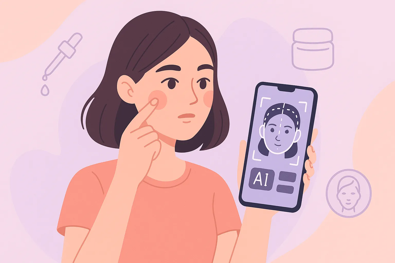 Illustration of a woman using AI app for customized skincare analysis with floating skincare icons
