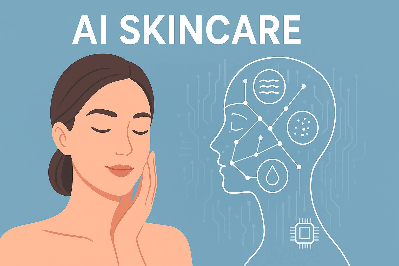AI Skincare illustration showing AI skin analysis, wrinkles detection, pigmentation, and hydration level analysis with virtual skincare assistant.