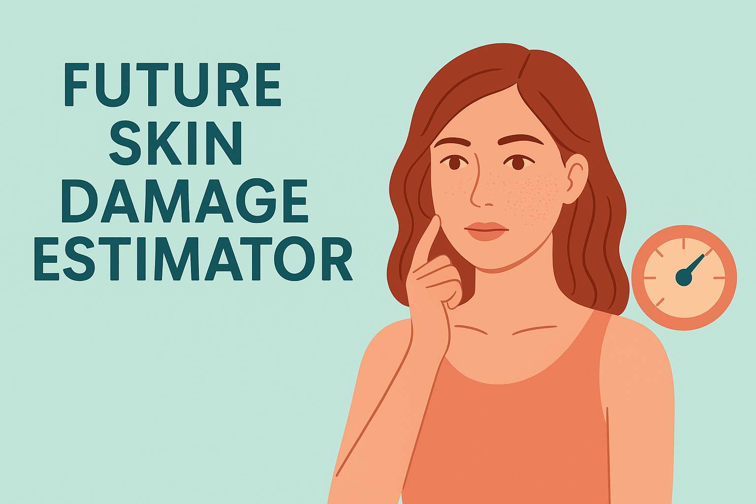 Illustration of a woman analyzing her future skin health using a skin damage estimator tool.