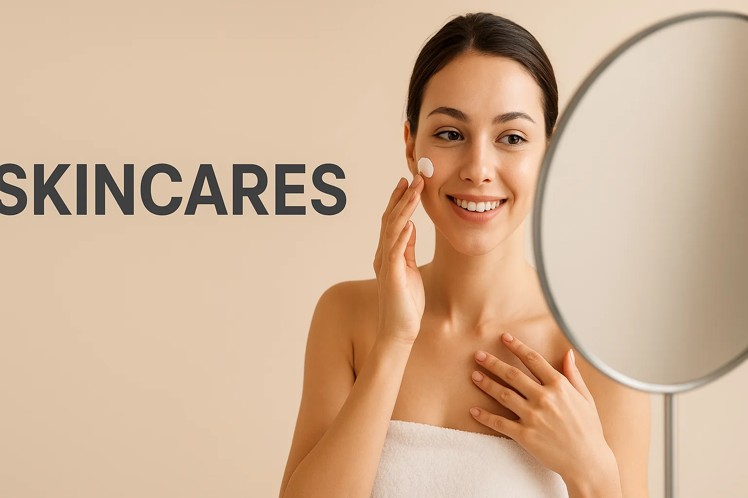 Young woman applying cream in front of mirror – Skincares routine and beauty care
